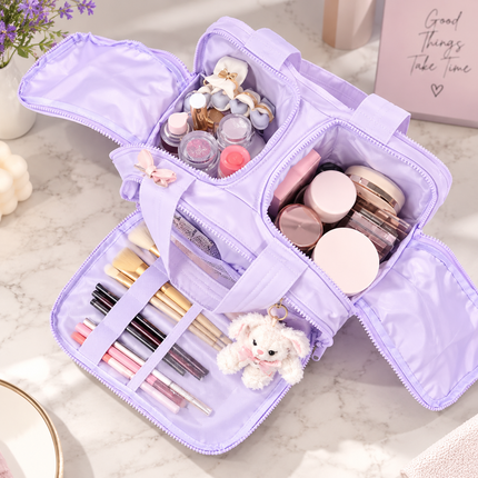 Premium Quilted 2-Side Opening Makeup & Travel Organizer Bag(Lavender)