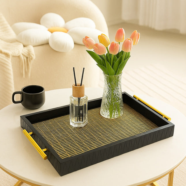 Premium Decorative Tray Set with gold handles (Black)