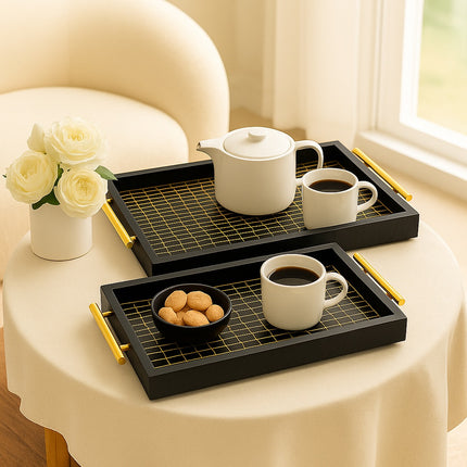 Premium Decorative Tray Set with gold handles (Black)