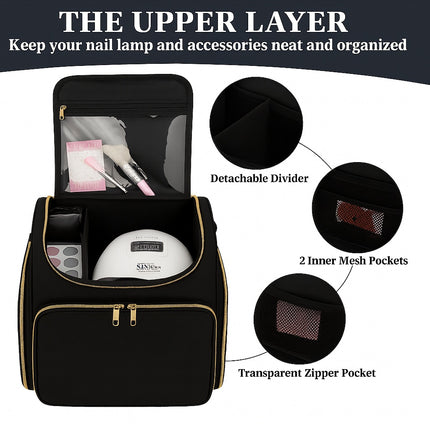 Black Quilted Nail Art Bag with Gold Zippers