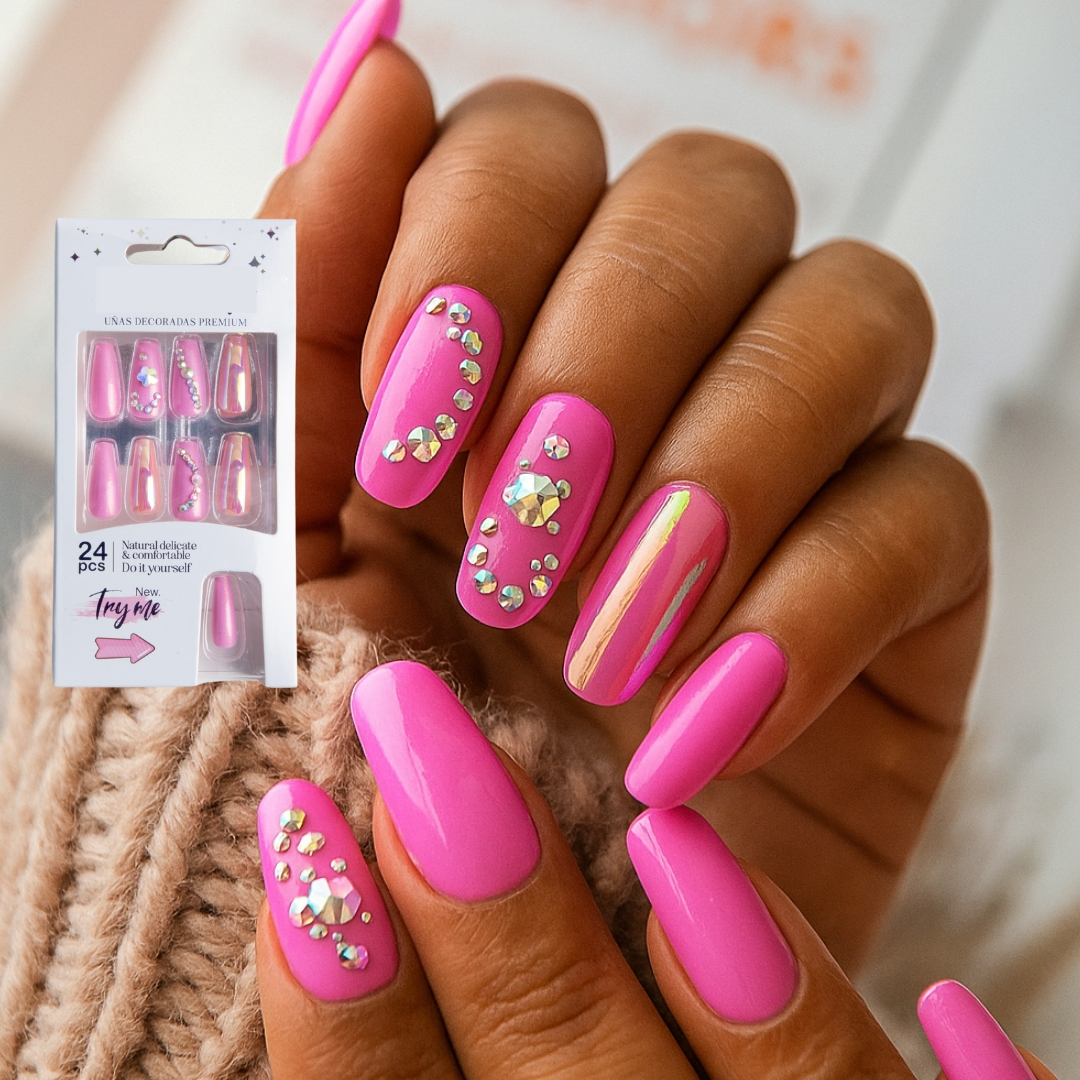 Coslifestore 24 Reusable Artificial Fake Nail Set Glossy Nails-holographic- chrome nails | Lightweight & Long Lasting| Quick Fix For Festivals, Parties & Special Occasions-(ROSE PINK WITH SEQUENCE) PRS-1  (P3)