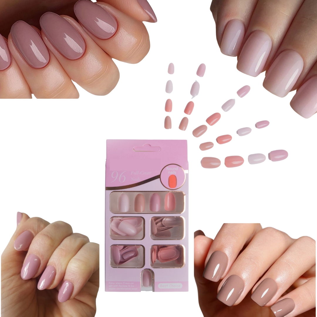 Coslifestore-Pack of 96 Press on Nails- ready to use false nails- round shape -earthy nudes, and soft pinks-nude-pinks-01