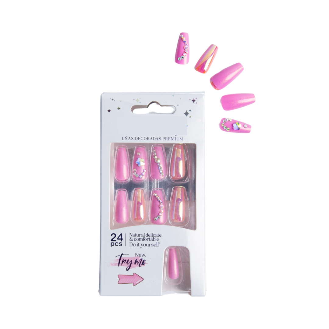 Coslifestore 24 Reusable Artificial Fake Nail Set Glossy Nails-holographic- chrome nails | Lightweight & Long Lasting| Quick Fix For Festivals, Parties & Special Occasions-(ROSE PINK WITH SEQUENCE) PRS-1