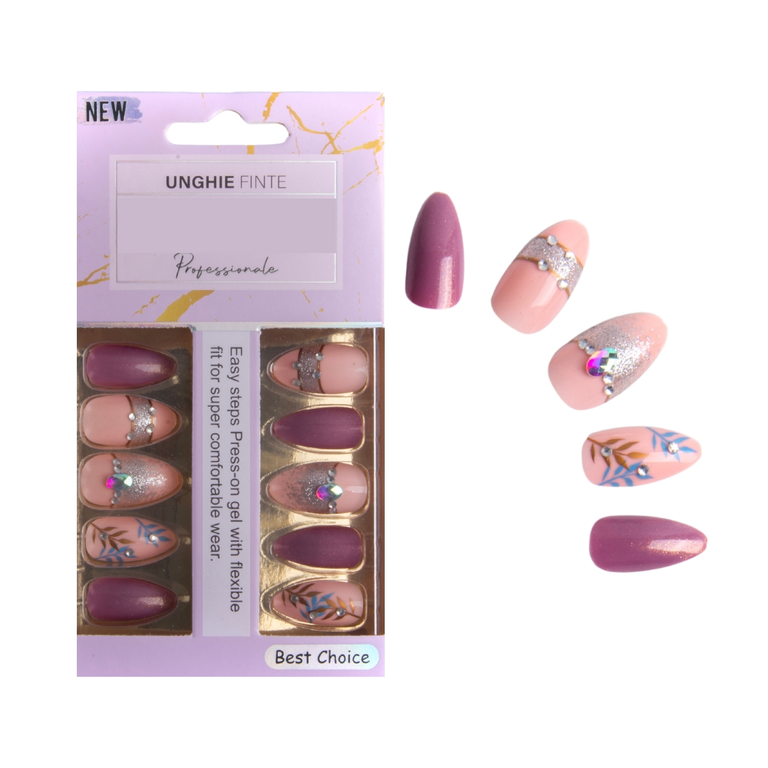 Coslifestore- Pack of 24 Almond shape Press On Nails, Reusable Nail Extensions, Artificial Fake Nails Set For women for bridal/ party wear-(lilac Pink, Peach floral design with stones1)