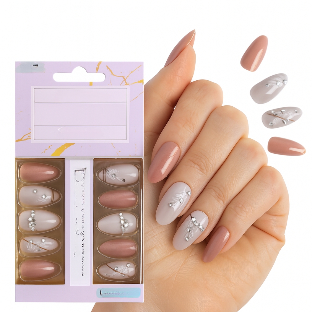 Coslifestore- Pack of 24 Almond shape Press On Nails, Reusable Nail Extensions, Artificial Fake Nails Set For women for bridal/ party wear-(Rose Pink, Nude floral design with stones)  (B4)