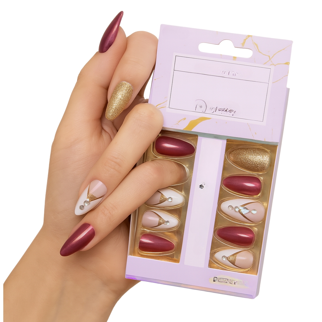 Coslifestore- Pack of 24 Almond shape Press On Nails, Reusable Nail Extensions, Artificial Fake Nails Set For women for bridal/ party wear-(Rose Pink with Golden glitter & stone)  (B3)