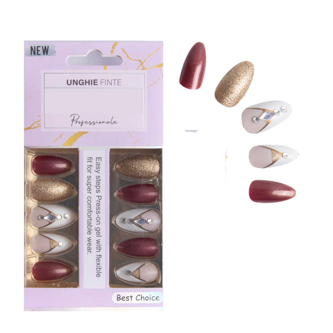 Coslifestore- Pack of 24 Almond shape Press On Nails, Reusable Nail Extensions, Artificial Fake Nails Set For women for bridal/ party wear-(Rose Pink with Golden glitter & stone)