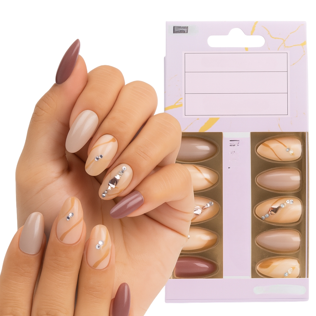 Coslifestore- Pack of 24 Almond shape Press On Nails, Reusable Nail Extensions, Artificial Fake Nails Set For women for bridal/ party wear-(Cream and Nude with stones)  (B1)