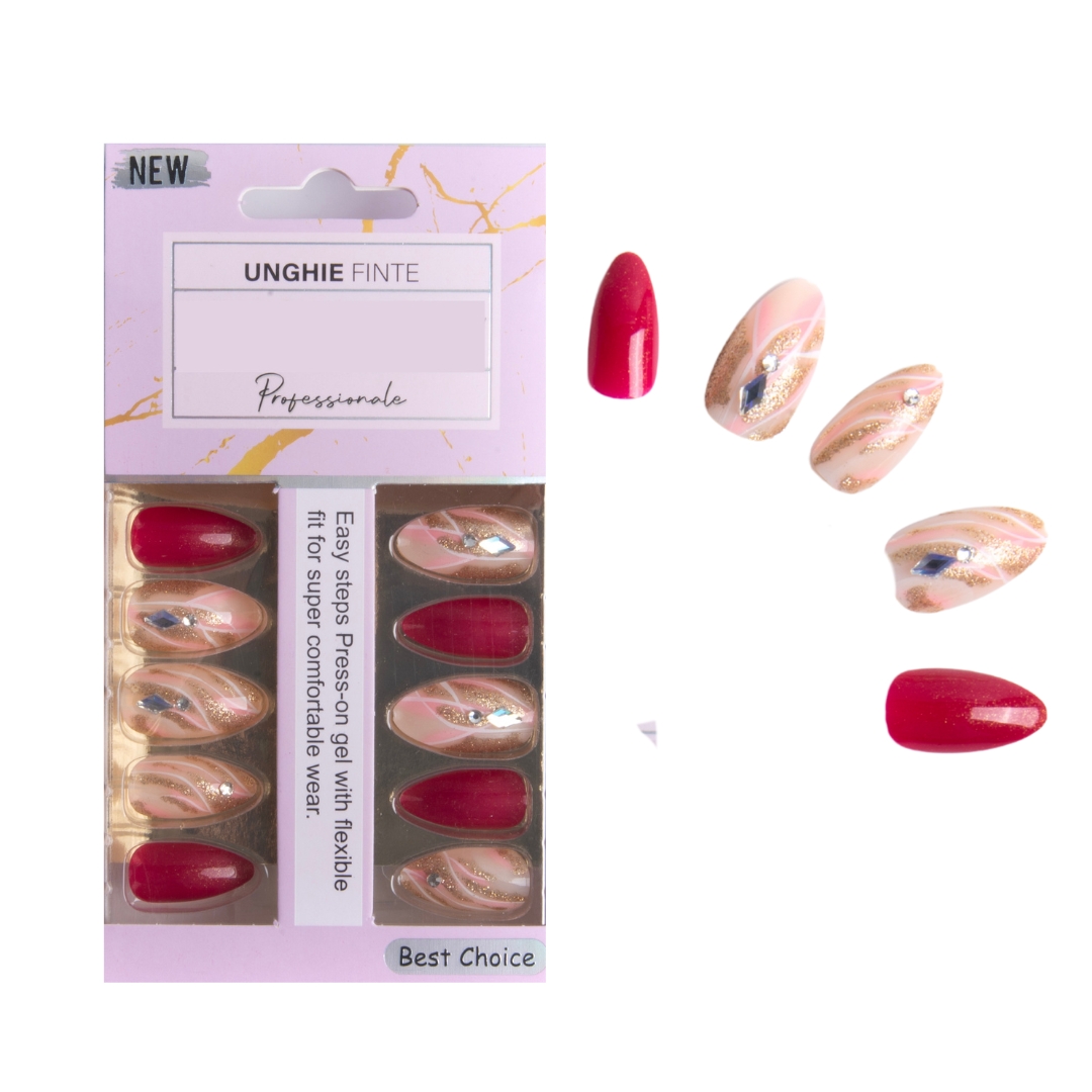 Coslifestore- Pack of 24 Almond shape Press On Nails, Reusable Nail Extensions, Artificial Fake Nails Set For women for bridal/ party wear-(Rose Pink with Peach, nudes and stones)