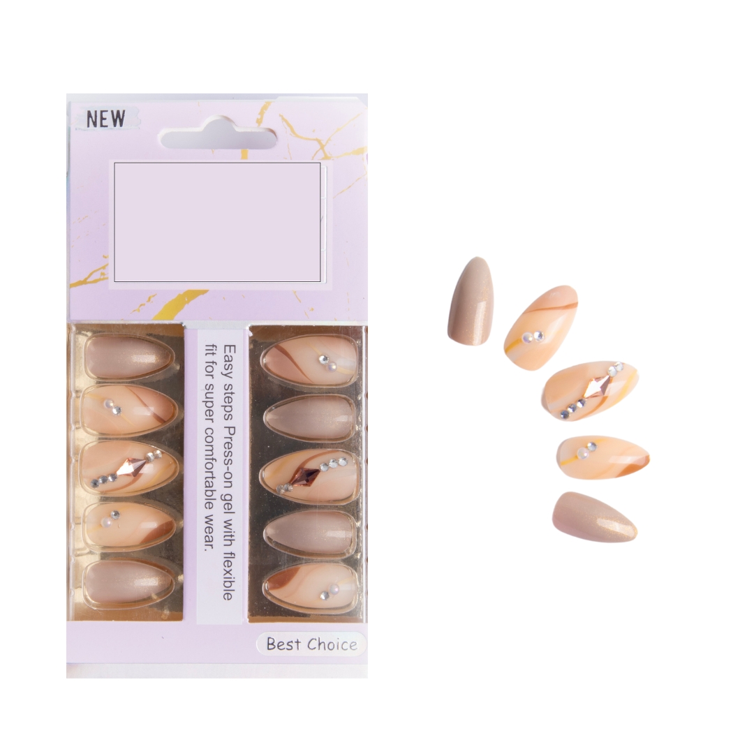 Coslifestore- Pack of 24 Almond shape Press On Nails, Reusable Nail Extensions, Artificial Fake Nails Set For women for bridal/ party wear-(Cream and Nude with stones)