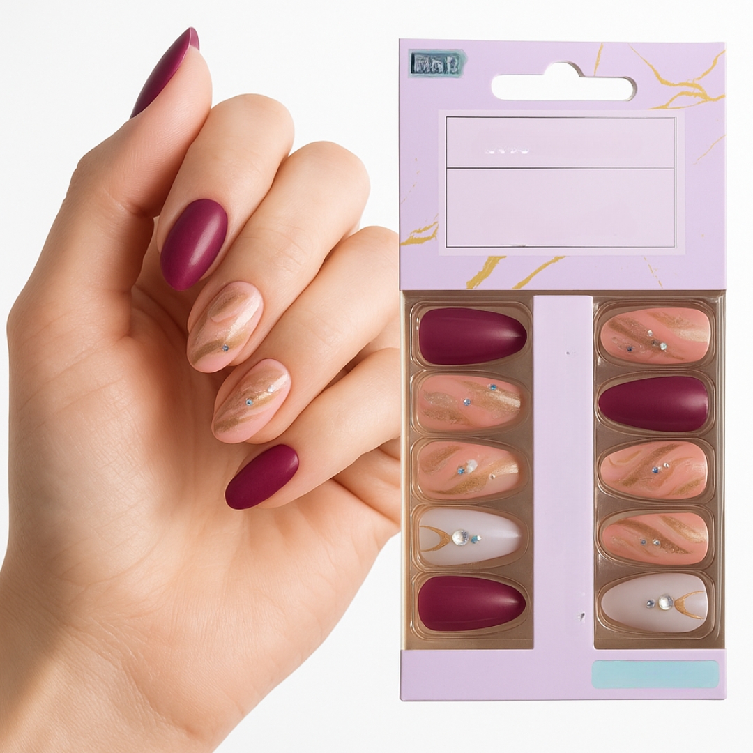 Coslifestore- Pack of 24 Almond shape Press On Nails, Reusable Nail Extensions, Artificial Fake Nails Set For women for bridal/ party wear-(Rose Pink with Peach, nudes and stones)  (B2)