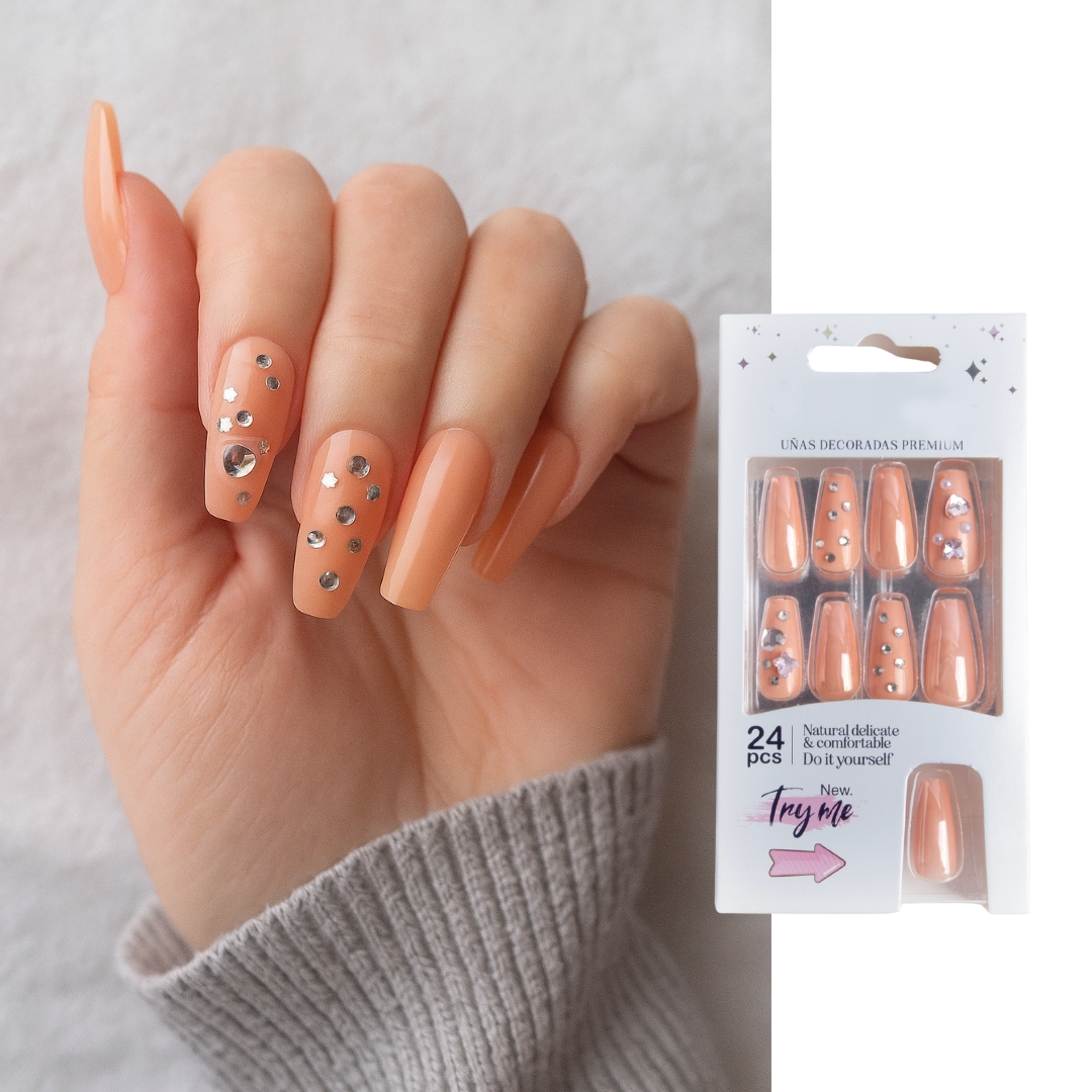 Coslifestore 24 Reusable Artificial Fake Nail Set Glossy Nails-holographic- chrome nails | Lightweight & Long Lasting| Quick Fix For Festivals, Parties & Special Occasions-(PEACH WITH STONES) PS-1  (P5)