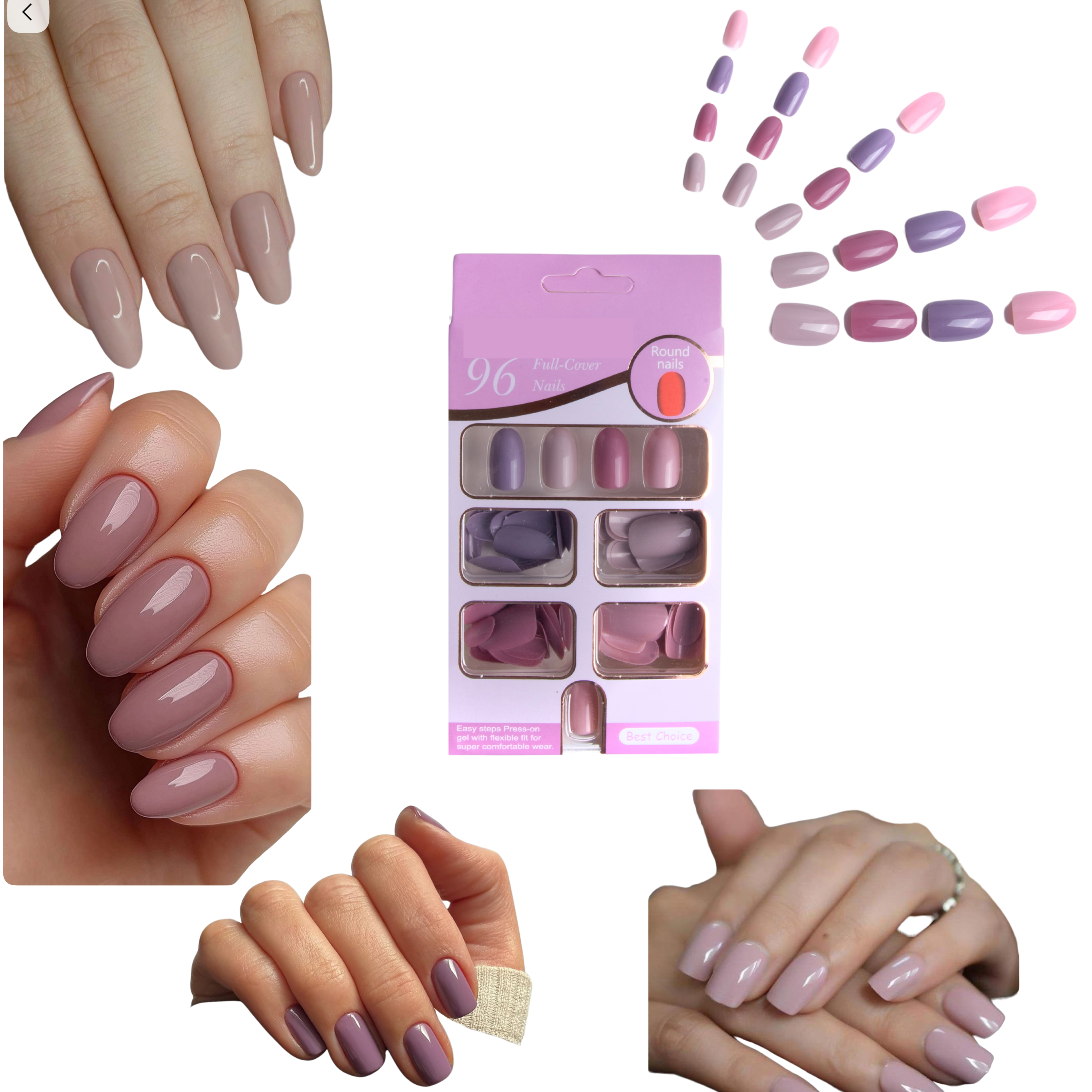 Coslifestore- Pack of 96 Press On Nails, Reusable Nail Extensions, Artificial Fake Nails Set For women (round- Pinks & Lilac)-lilac-96