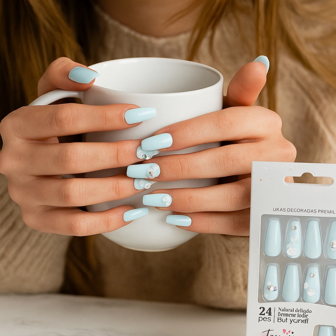 Coslifestore 24 Reusable Artificial Fake Nail Set Glossy Nails-holographic- chrome nails | Lightweight & Long Lasting| Quick Fix For Festivals, Parties & Special Occasions-(SKY BLUE WITH ROSES) SBR-1  (P2)