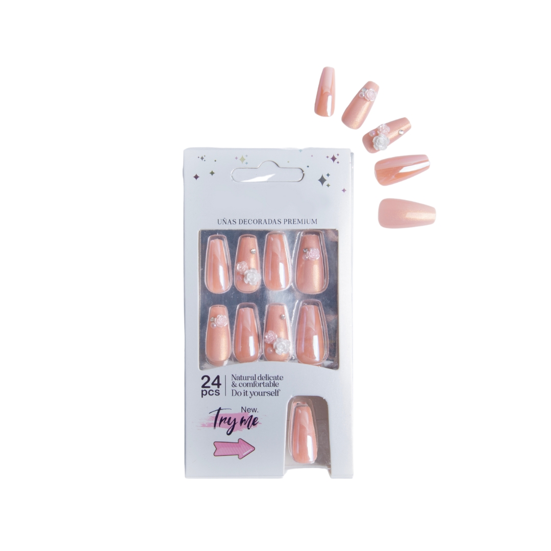 Coslifestore 24 Reusable Artificial Fake Nail Set Glossy Nails-holographic- chrome nails | Lightweight & Long Lasting| Quick Fix For Festivals, Parties & Special Occasions-(PEACH WITH ROSES) PRR-1