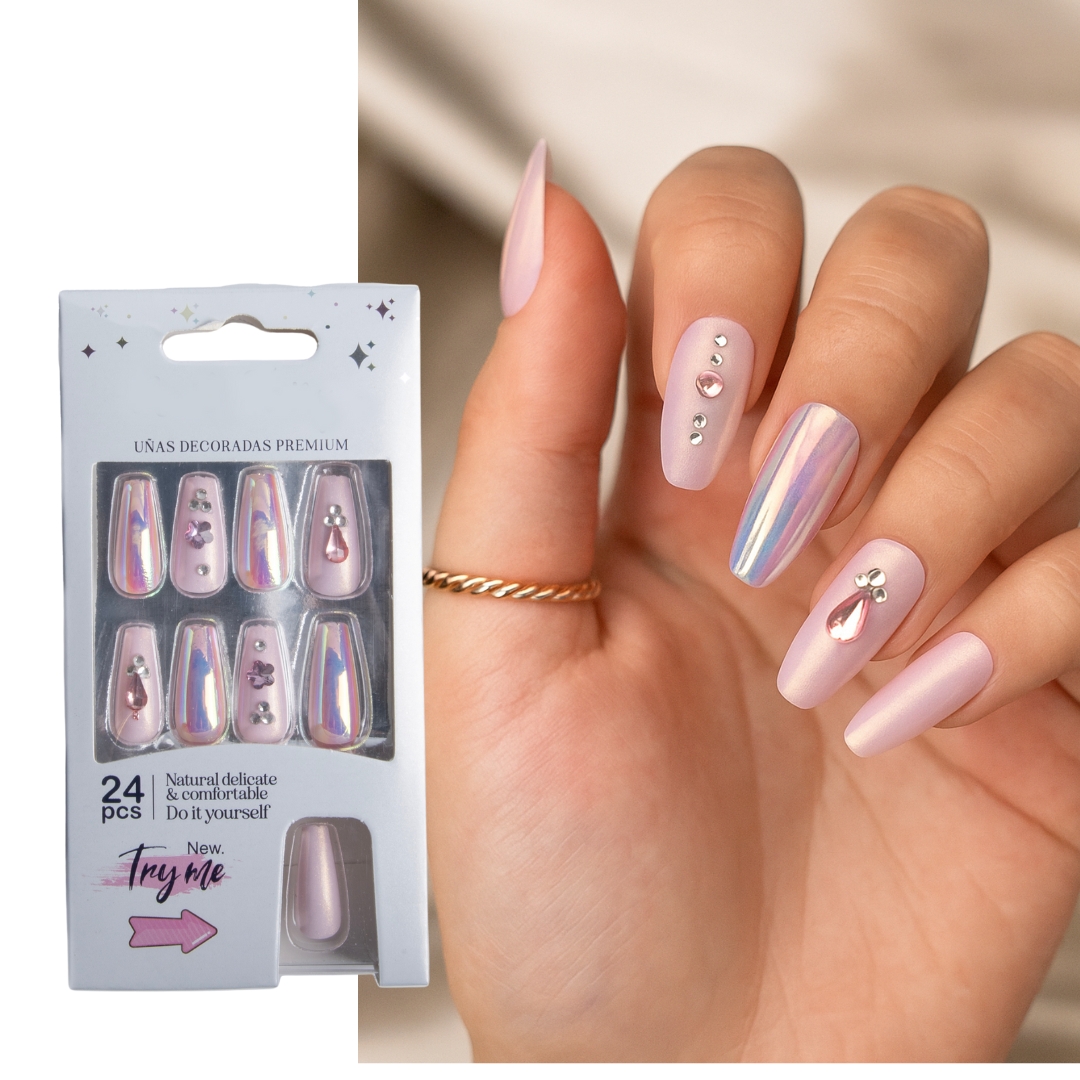 Coslifestore 24 Reusable Artificial Fake Nail Set Glossy Nails-holographic- chrome nails | Lightweight & Long Lasting| Quick Fix For Festivals, Parties & Special Occasions-(LIGHT PINK WITH SEQUENCE) LPS-1  (P4)