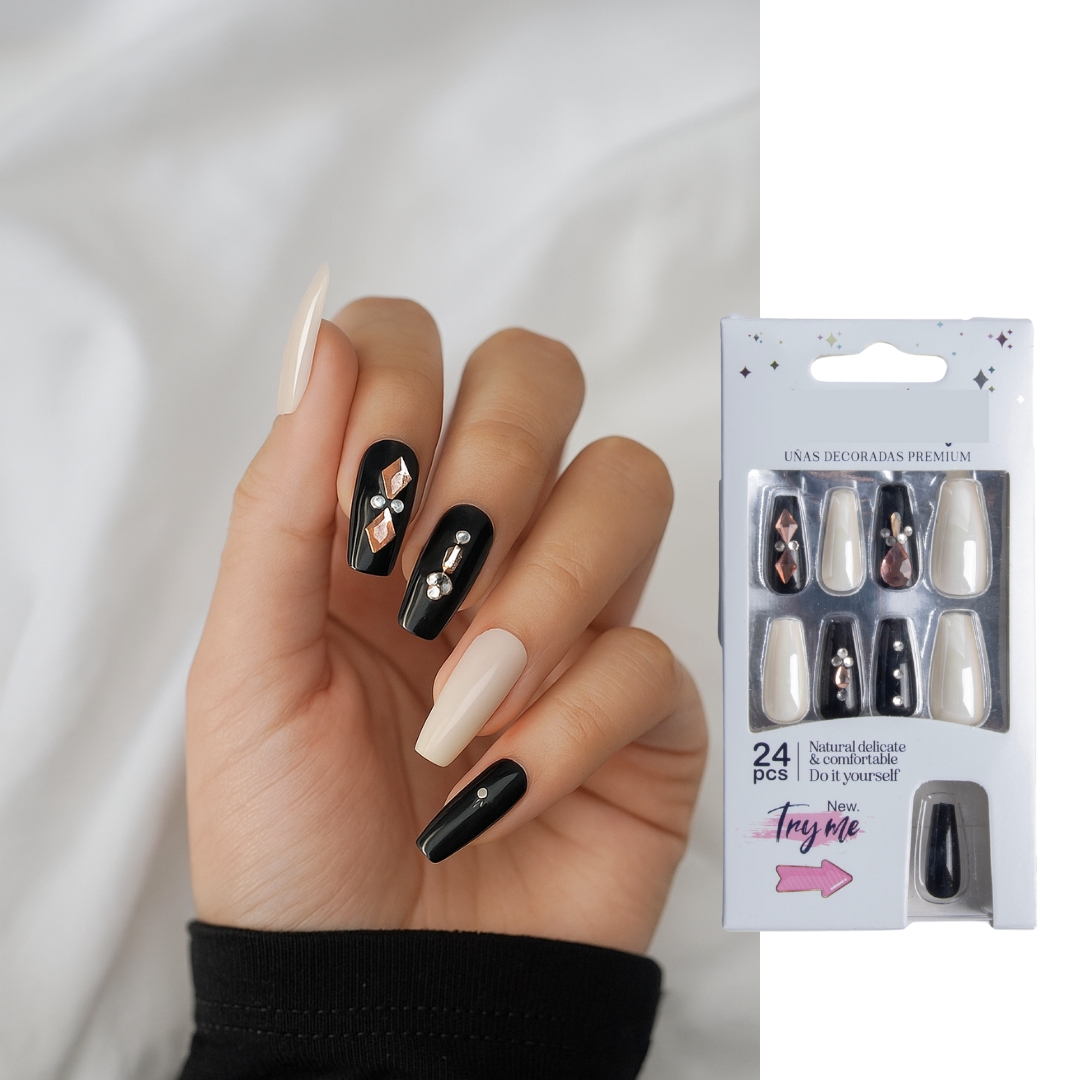 Coslifestore 24 Reusable Artificial Fake Nail Set Glossy Nails-holographic- chrome nails | Lightweight & Long Lasting| Quick Fix For Festivals, Parties & Special Occasions-(BLACK & WHITE WITH STONES) BWS-1 (P1)