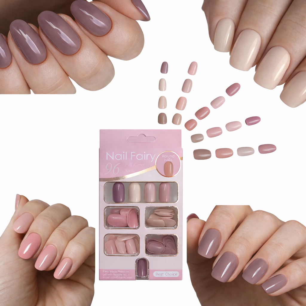 Coslifestore-Pack of 96 Press on Nails- ready to use false nails- round shape -earthy nudes, and soft pinks-nude-pinks-01