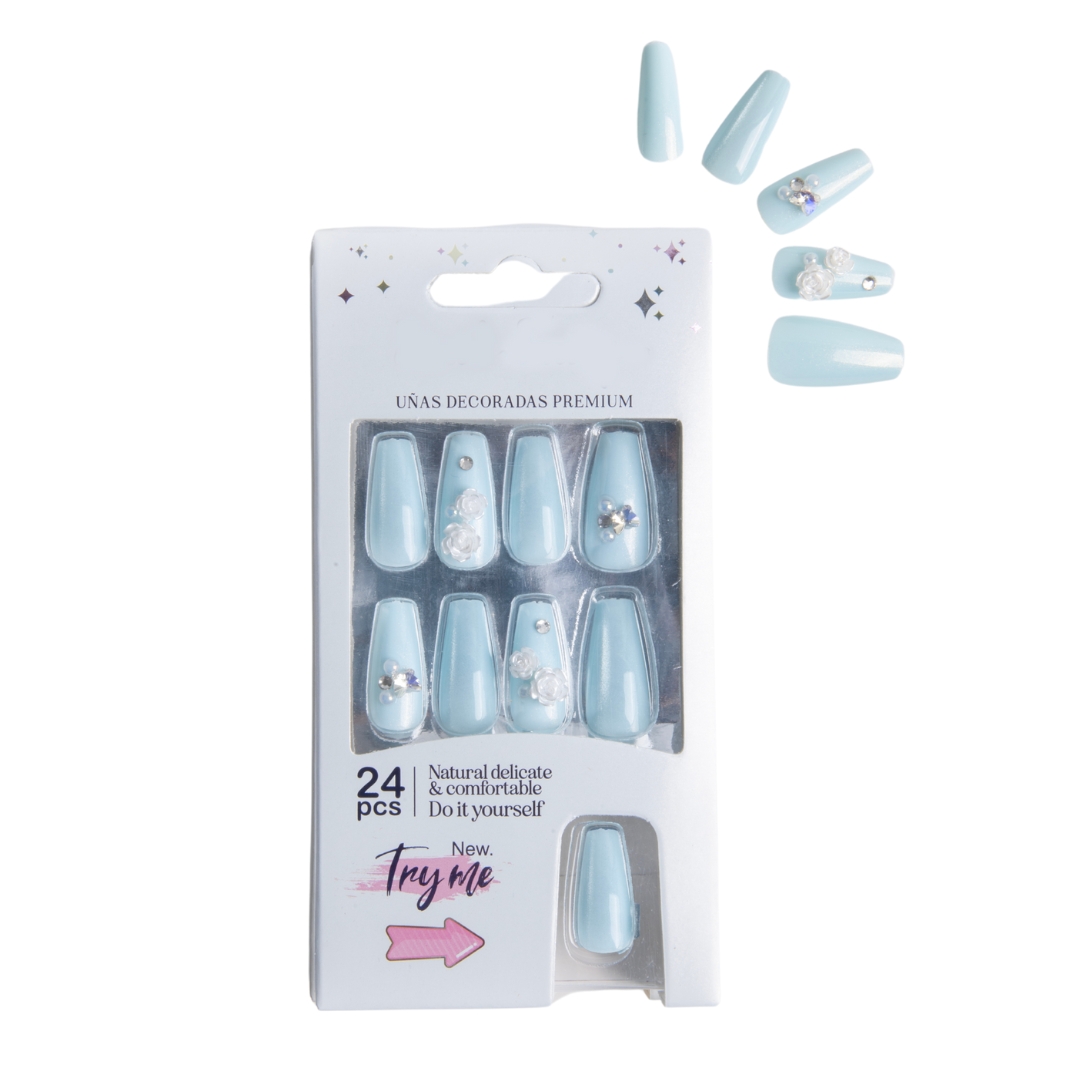 Coslifestore 24 Reusable Artificial Fake Nail Set Glossy Nails-holographic- chrome nails | Lightweight & Long Lasting| Quick Fix For Festivals, Parties & Special Occasions-(SKY BLUE WITH ROSES) SBR-1