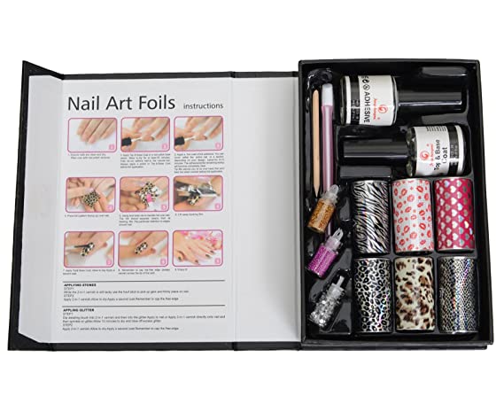 Nail Art Foils Set with Foil Glue Top Coat Glitters & Box Packing Multicolour