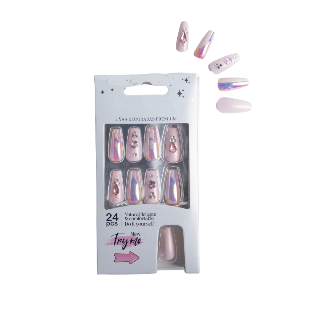 Coslifestore 24 Reusable Artificial Fake Nail Set Glossy Nails-holographic- chrome nails | Lightweight & Long Lasting| Quick Fix For Festivals, Parties & Special Occasions-(LIGHT PINK WITH SEQUENCE) LPS-1