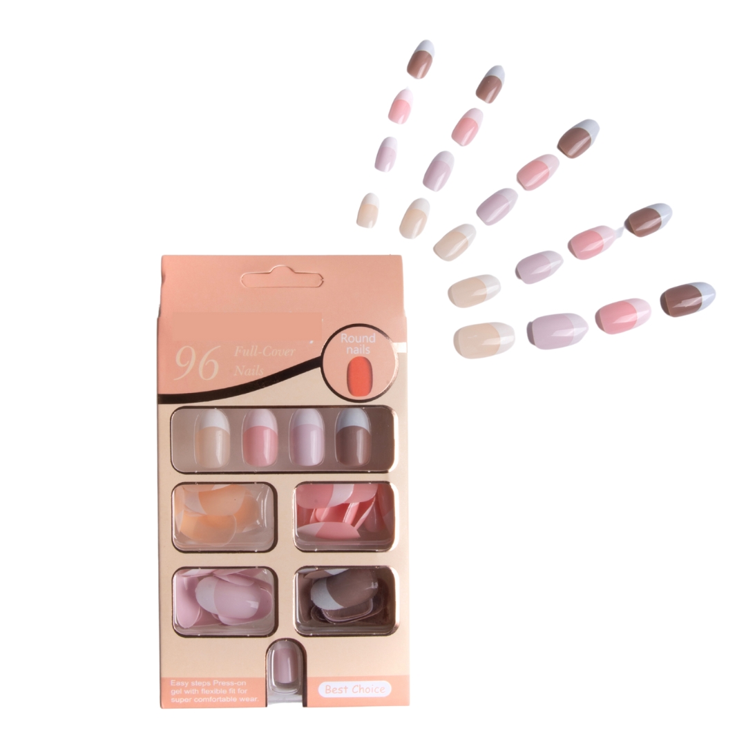 Coslifestore- Pack of 96 Press On Nails, Reusable Nail Extensions, Artificial Fake Nails Set For women (French round- nudes and pinks)